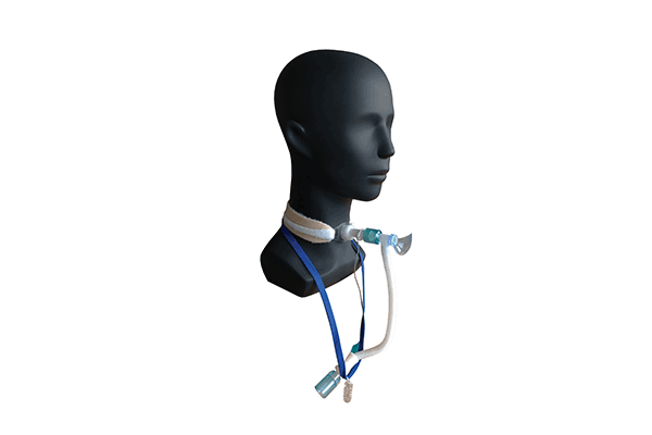 mannequin displaying the Veoflow Tracheostomy Interface and softFlow Tracheal Interface Applicator