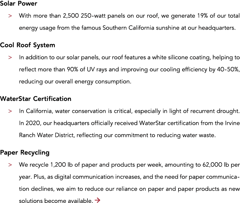 Solar Power   With more than 2,500 250-watt panels on our roof, we generate 19% of our total energy usage from the fa   