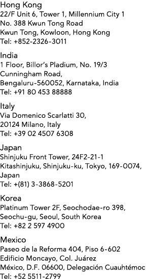 Hong Kong 22 F Unit 6, Tower 1, Millennium City 1 No  388 Kwun Tong Road Kwun Tong, Kowloon, Hong Kong Tel: +852-2326   