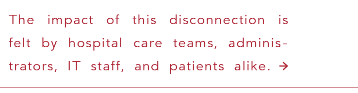 The impact of this disconnection is felt by hospital care teams, administrators, IT staff, and patients alike  