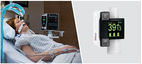 patient in bed with masimo root brain monitors placed on forehead. adjacent product shot of  Masimo Radius PCG on white background