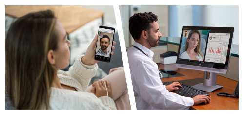Split image of patient talking to doctor on patients phone and doctor talking to patient on the doctors computer