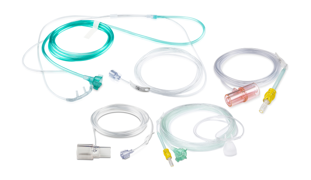 Masimo capnography sampling lines, nasal cannulas, and airway adapters for continuous respiratory and end-tidal carbon dioxide (EtCO₂) monitoring.