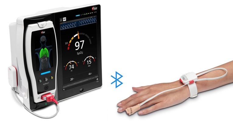 Masimo Root next to a hand with the Masimo Radius PPG sensor on the wrist, and in between is a wifi symbol
